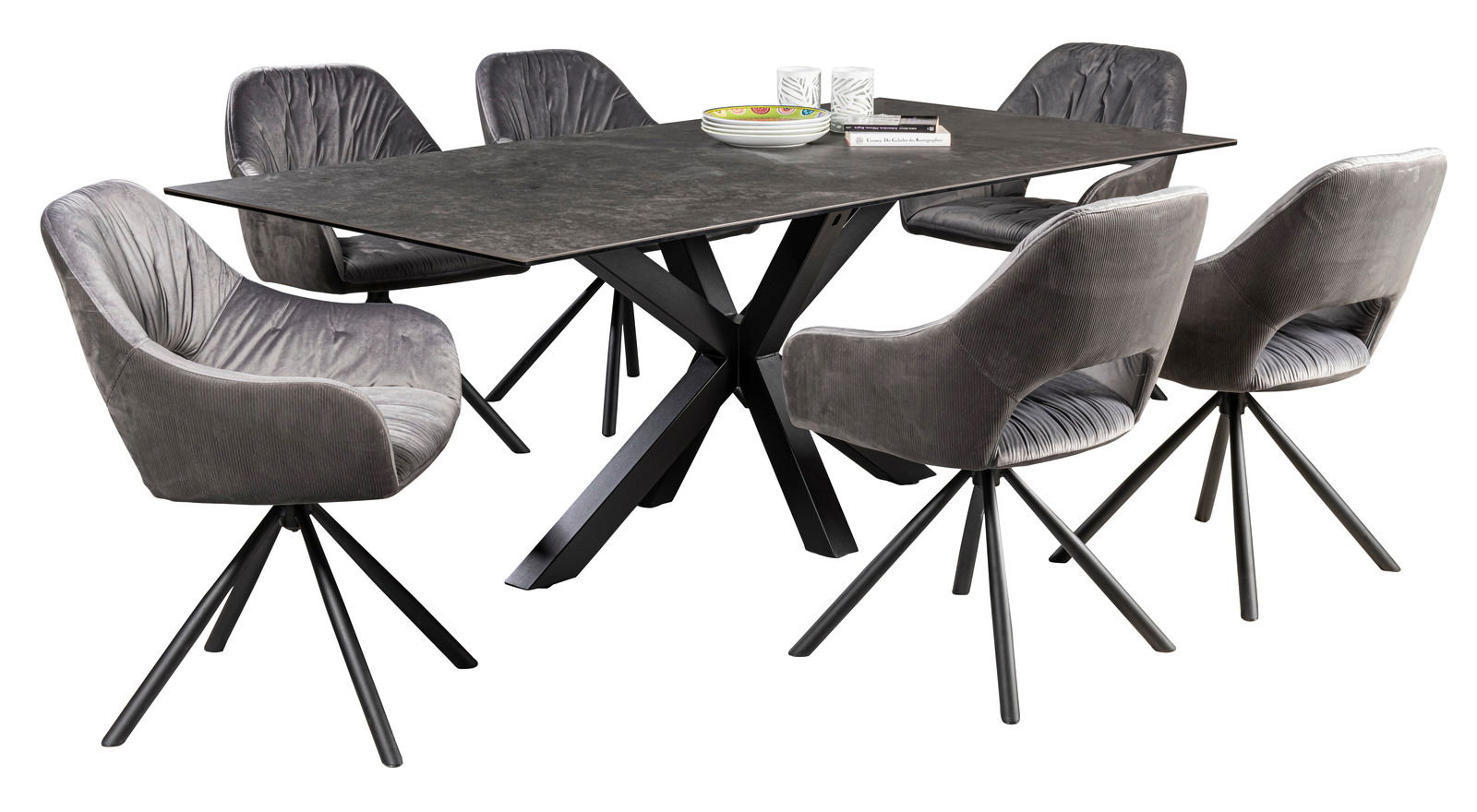 Moderner Esstisch mit schwarzer Tischplatte und sechs grauen Armlehnstühlen, seitliche Perspektive