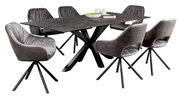 Moderne eettafel met zwart tafelblad en zes grijze stoelen met armleuningen, zijaanzicht