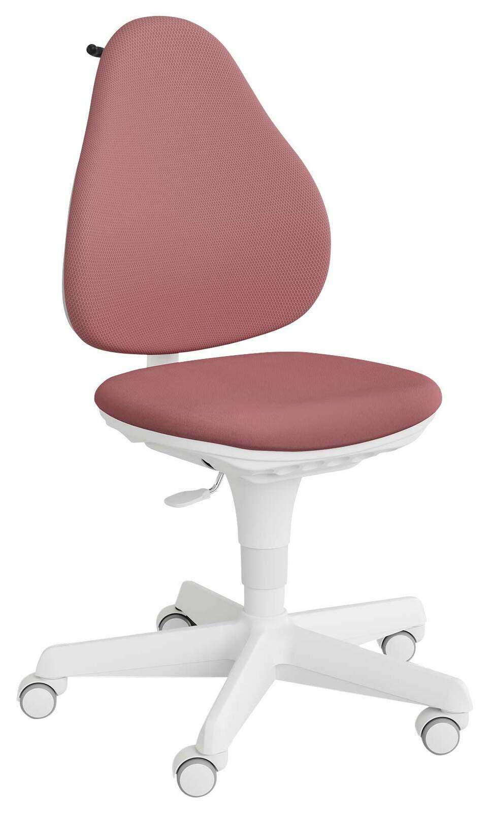 Moderner Jugenddrehstuhl mit rosa Polsterung und weißem Gestell, seitliche Perspektive