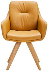 Gelber Armlehnstuhl mit Holzbeinen, Frontalansicht