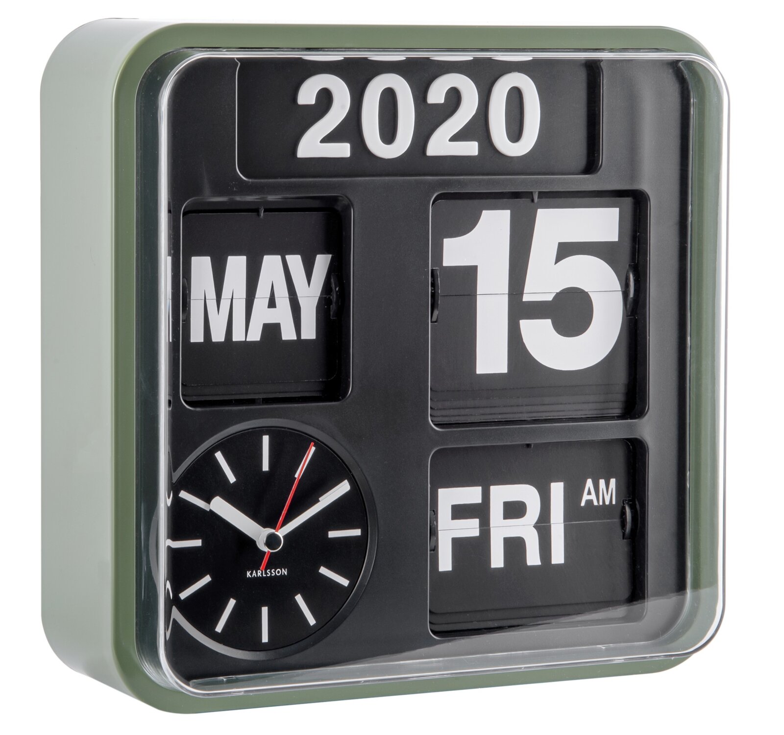 Vierkante wandklok met kalenderfunctie, geeft de datum 15 mei 2020 en de dag van de week vrijdag weer, met een analoge klok linksonder, gefotografeerd vanuit een zijaanzicht.