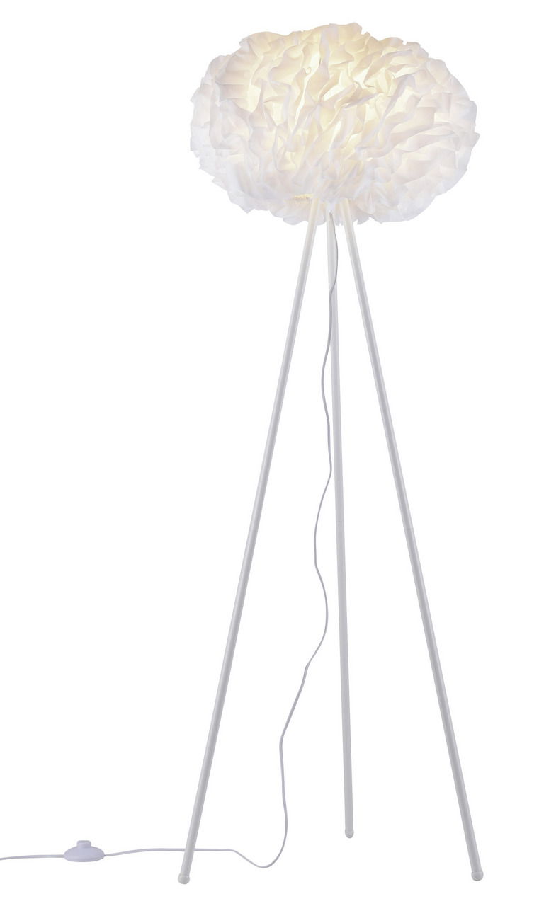 Stehleuchte mit dreibeinigem Gestell und einem großen, weißen, wolkenartigen Lampenschirm, seitliche Perspektive