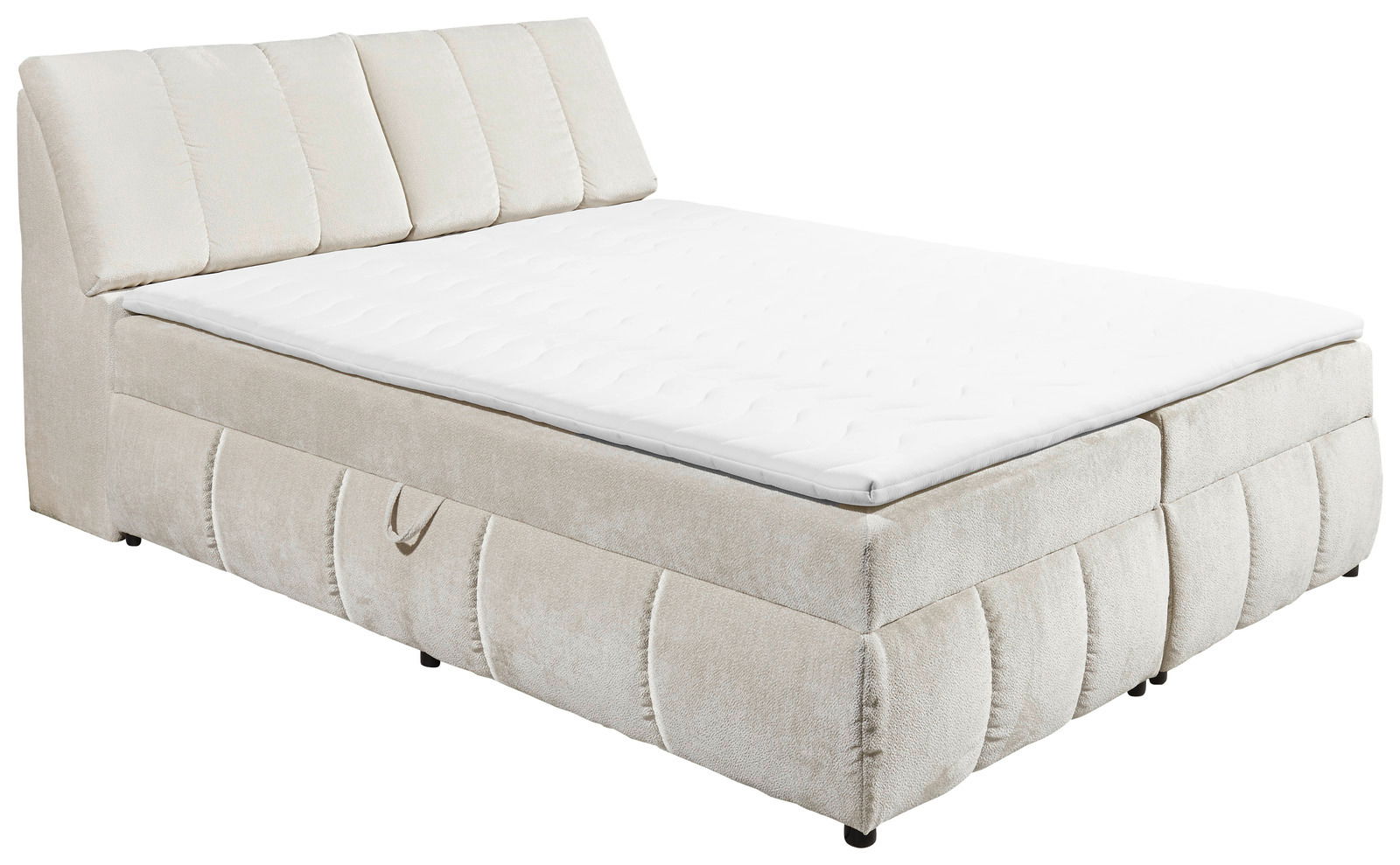 Beiges Boxspringbett VALENCIA mit gepolstertem Kopfteil, seitliche Perspektive