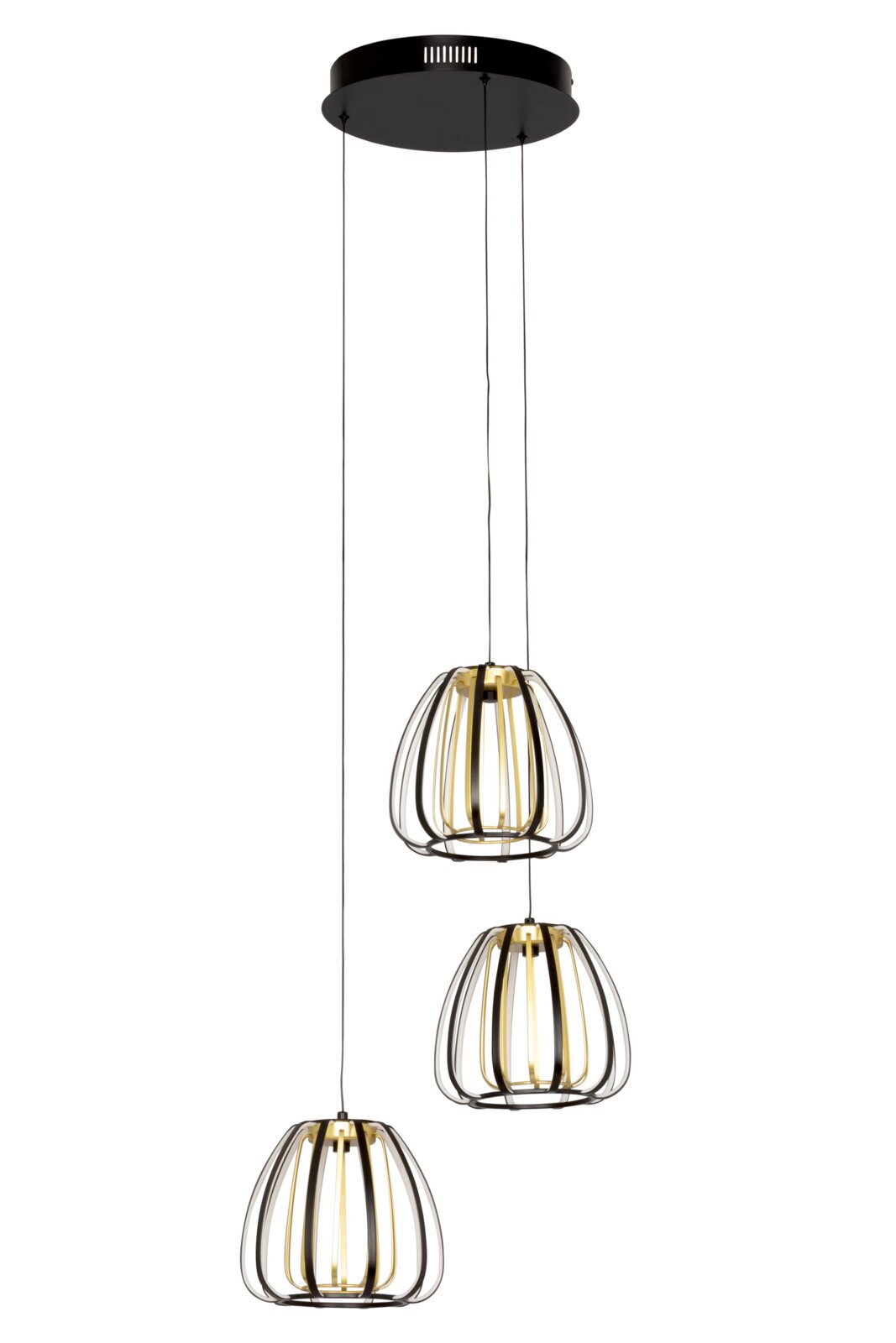 Moderne LED-hanglamp met drie zwarte, kooivormige kappen, gezien van onderaf.