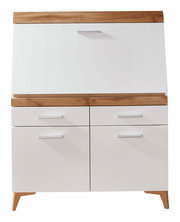 Moderner Sekretär mit weißer Front und Holzdetails, frontal abgebildet.