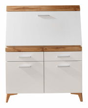 Moderner Sekretär mit weißer Front und Holzdetails, frontal abgebildet.