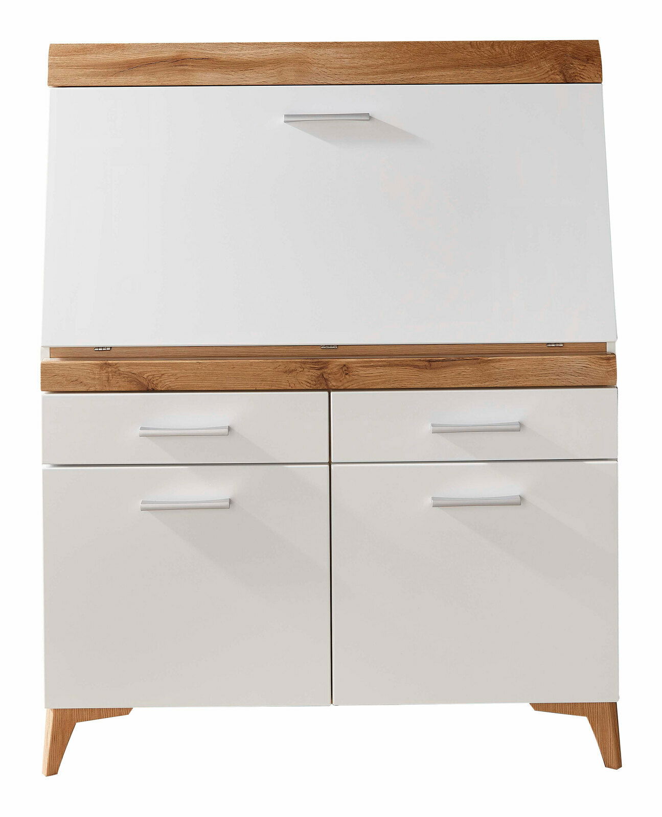 Moderner Sekretär mit weißer Front und Holzdetails, frontal abgebildet.