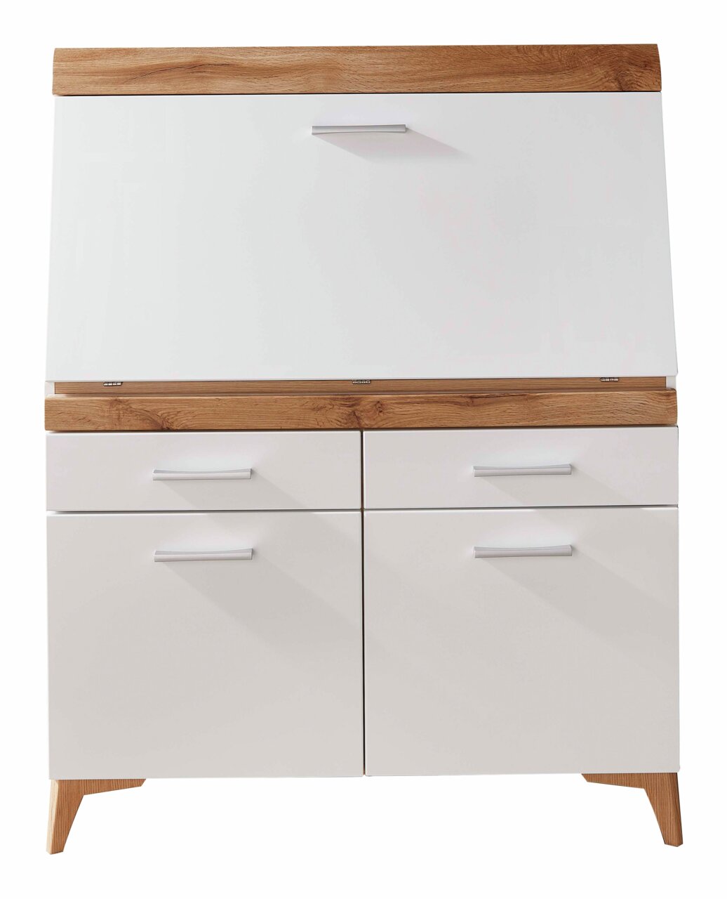 Moderne secretaire met witte voorkant en houten details, afgebeeld van voren.