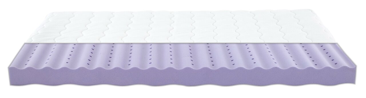 Querschnitt einer Jugendmatratze 140x200 cm mit weißer Oberfläche und lila Schaumstoffkern, seitliche Perspektive.