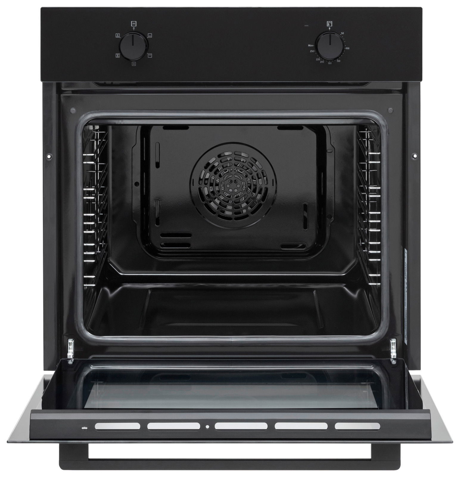 Einbaubackofen mit geöffneter Tür, Frontalansicht