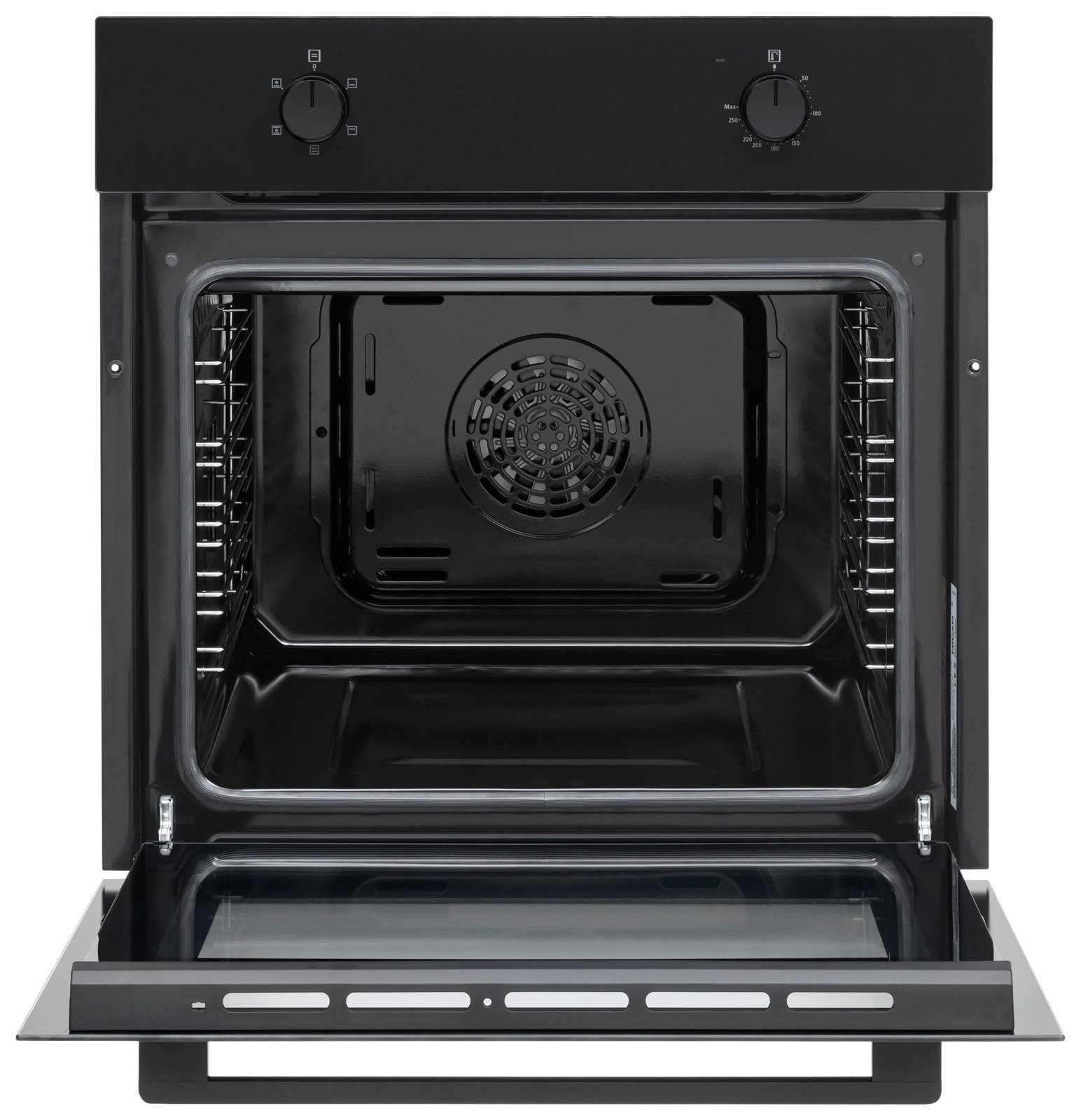Einbaubackofen mit geöffneter Tür, Frontalansicht