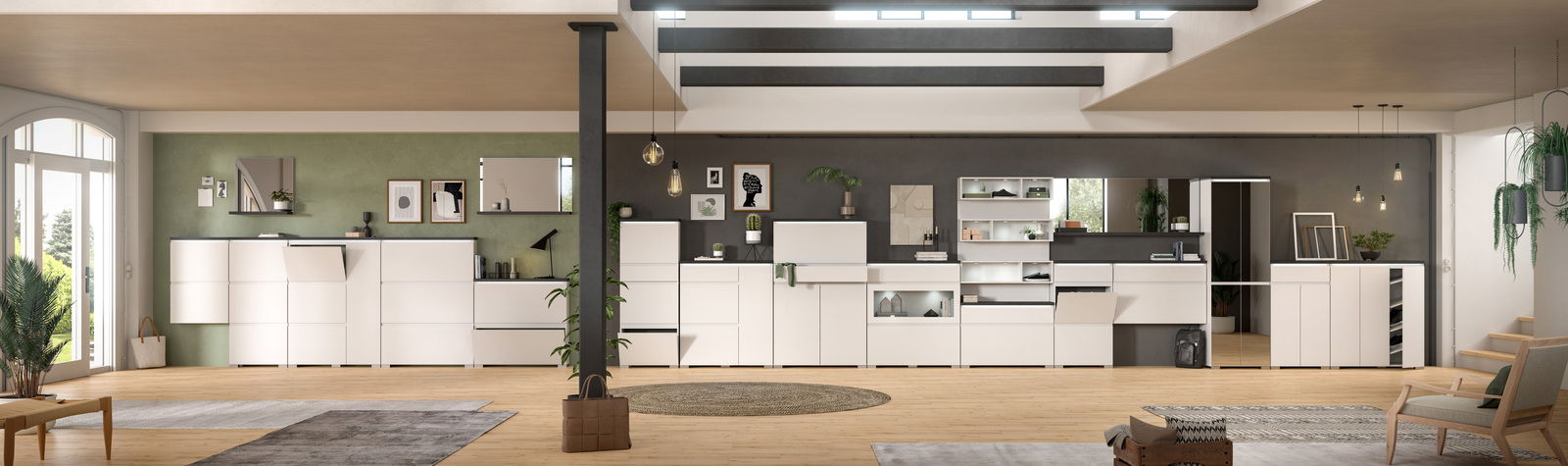 Moderner Wandspiegel in einem stilvollen Wohnzimmer, frontal an der Wand montiert, umgeben von eleganten weißen Möbeln.