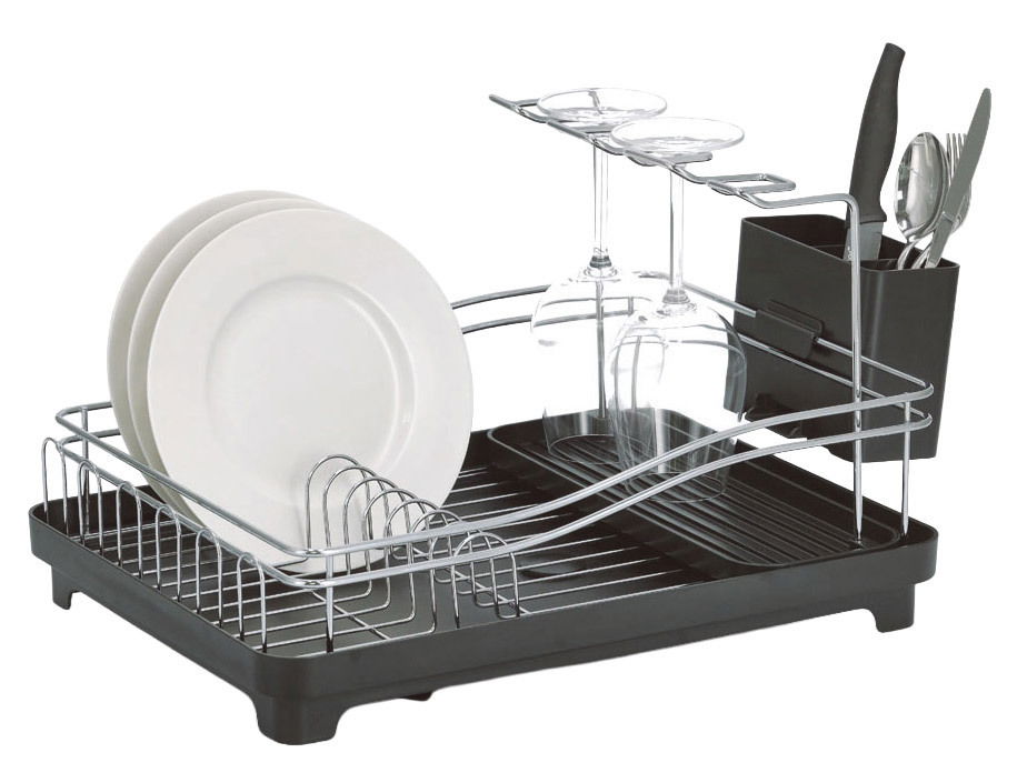 Geschirrabtropfständer mit Tellern, Gläsern und Besteck, seitliche Perspektive