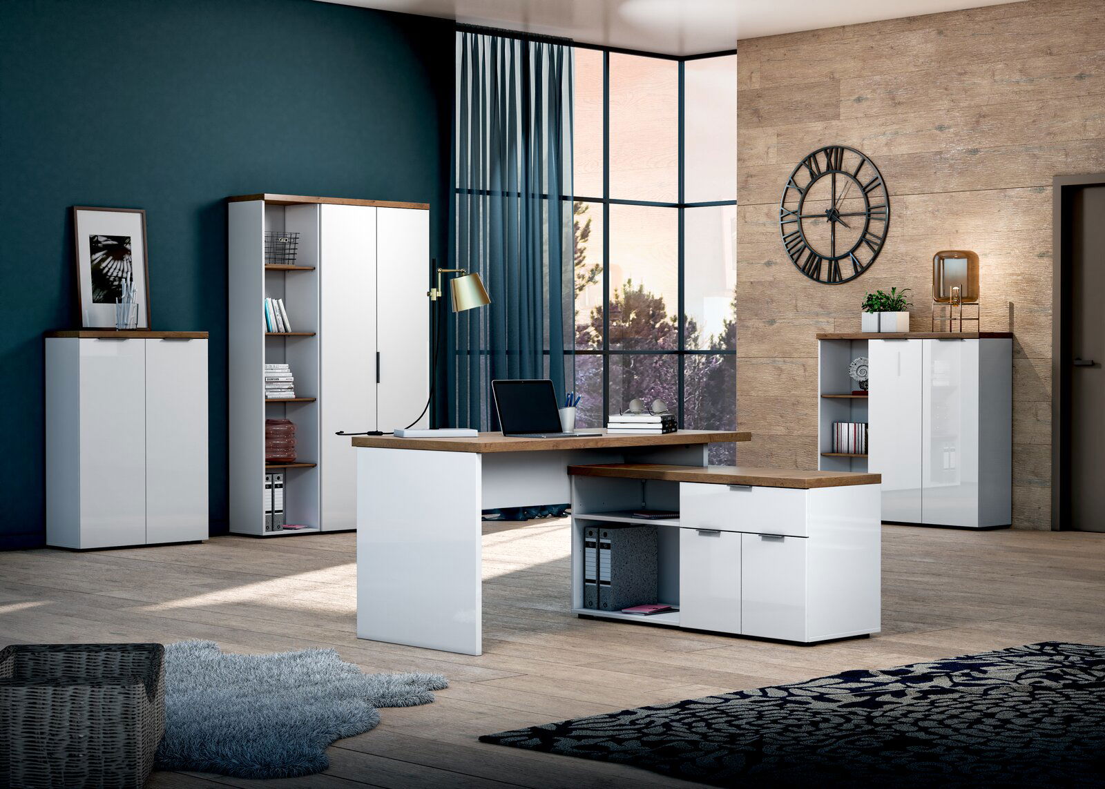 Moderner Büroraum mit Eckschreibtisch und mehreren Aktenschränken in einer stilvollen Umgebung, seitliche Perspektive.