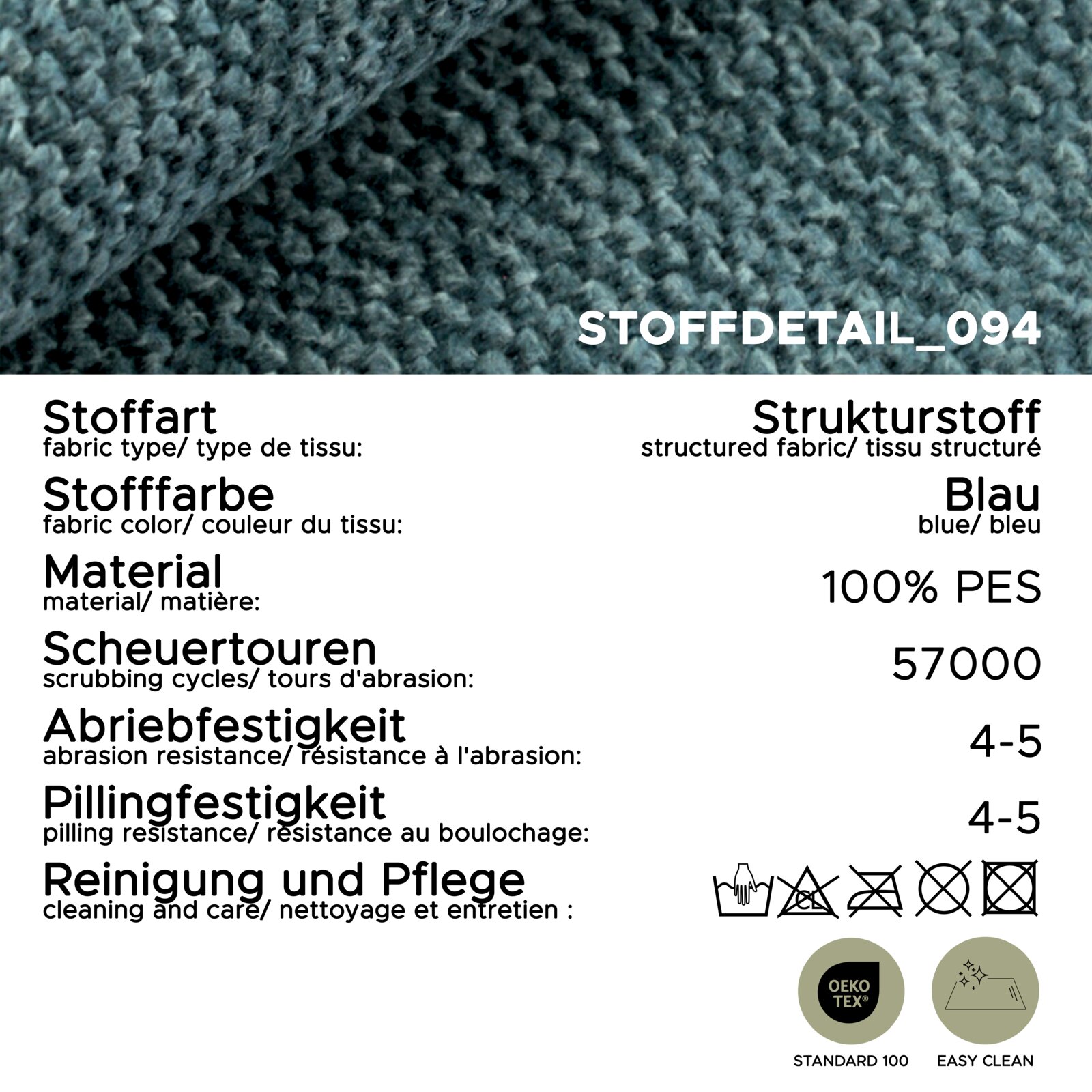 Nahaufnahme eines blauen Strukturstoffs aus 100% PES, geeignet für ein Schlafsofa. Der Stoff hat eine hohe Scheuerfestigkeit von 57000 Touren und eine Abrieb- und Pillingfestigkeit von 4-5. Pflegeleicht und OEKO-TEX zertifiziert. Perspektive: Detailansich
