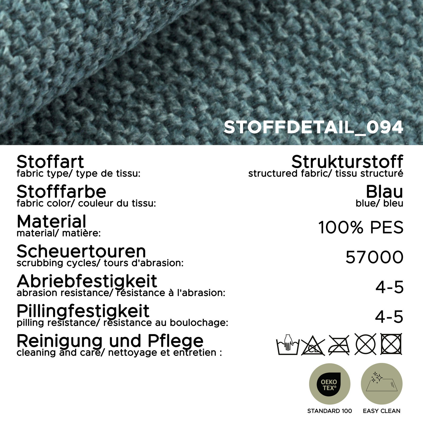 Nahaufnahme eines blauen Strukturstoffs aus 100% PES, geeignet für ein Schlafsofa. Der Stoff hat eine hohe Scheuerfestigkeit von 57000 Touren und eine Abrieb- und Pillingfestigkeit von 4-5. Pflegeleicht und OEKO-TEX zertifiziert. Perspektive: Detailansich