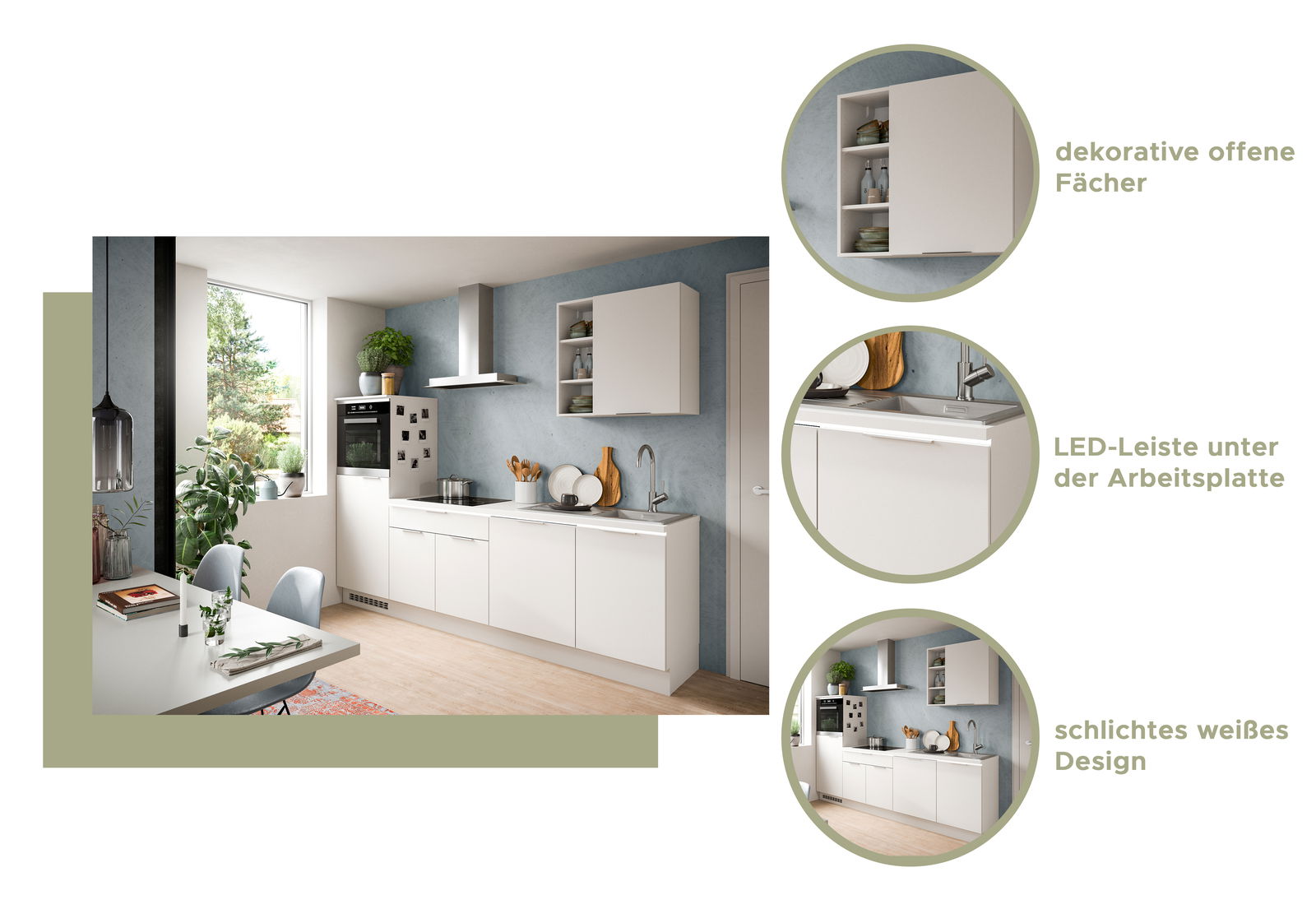 Moderne Küche mit schlichtem weißen Design, dekorativen offenen Fächern und LED-Leiste unter der Arbeitsplatte, seitliche Perspektive.