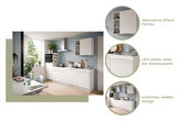 Moderne Küche mit schlichtem weißen Design, dekorativen offenen Fächern und LED-Leiste unter der Arbeitsplatte, seitliche Perspektive.