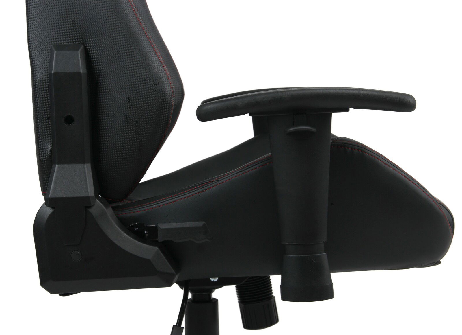 Seitenansicht eines Gaming-Stuhls mit verstellbarer Armlehne und ergonomischem Design.