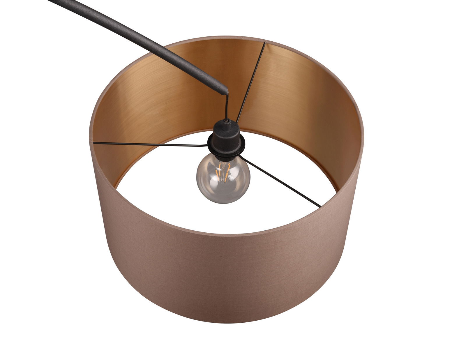Trio Leuchten Stehleuchte MANSUR Ansicht von oben auf einen runden Lampenschirm der Stehleuchte MANSUR mit einer sichtbaren Glühbirne und einem schwarzen Kabel.