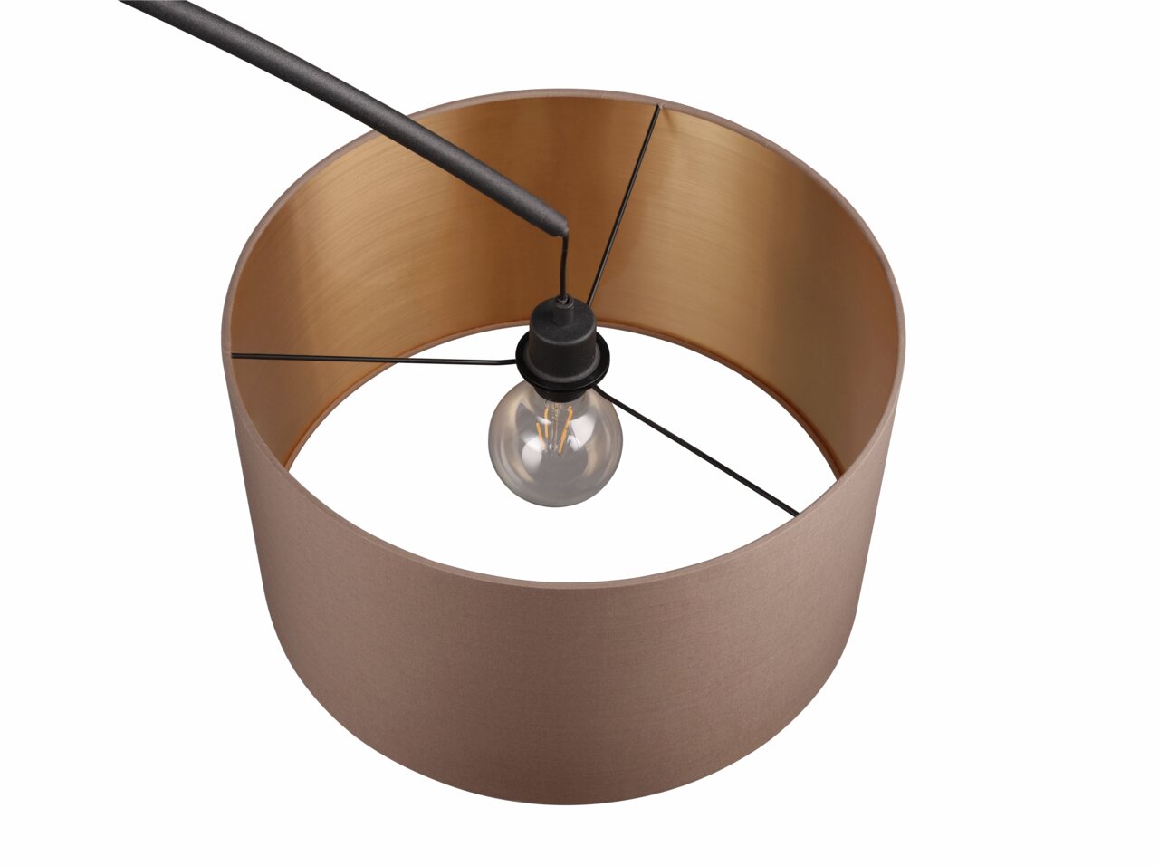 Ansicht von oben auf einen runden Lampenschirm der Stehleuchte MANSUR mit einer sichtbaren Glühbirne und einem schwarzen Kabel.