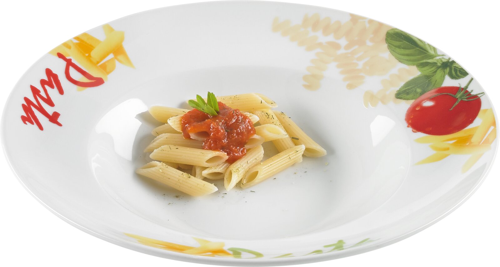 BOXXX Pastateller Pastateller mit buntem Design, von oben fotografiert, mit Penne und Tomatensauce dekoriert