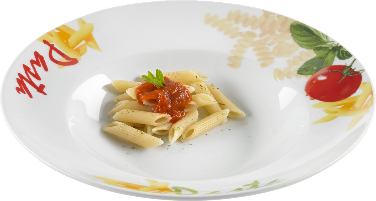 Pastateller mit buntem Design, von oben fotografiert, mit Penne und Tomatensauce dekoriert