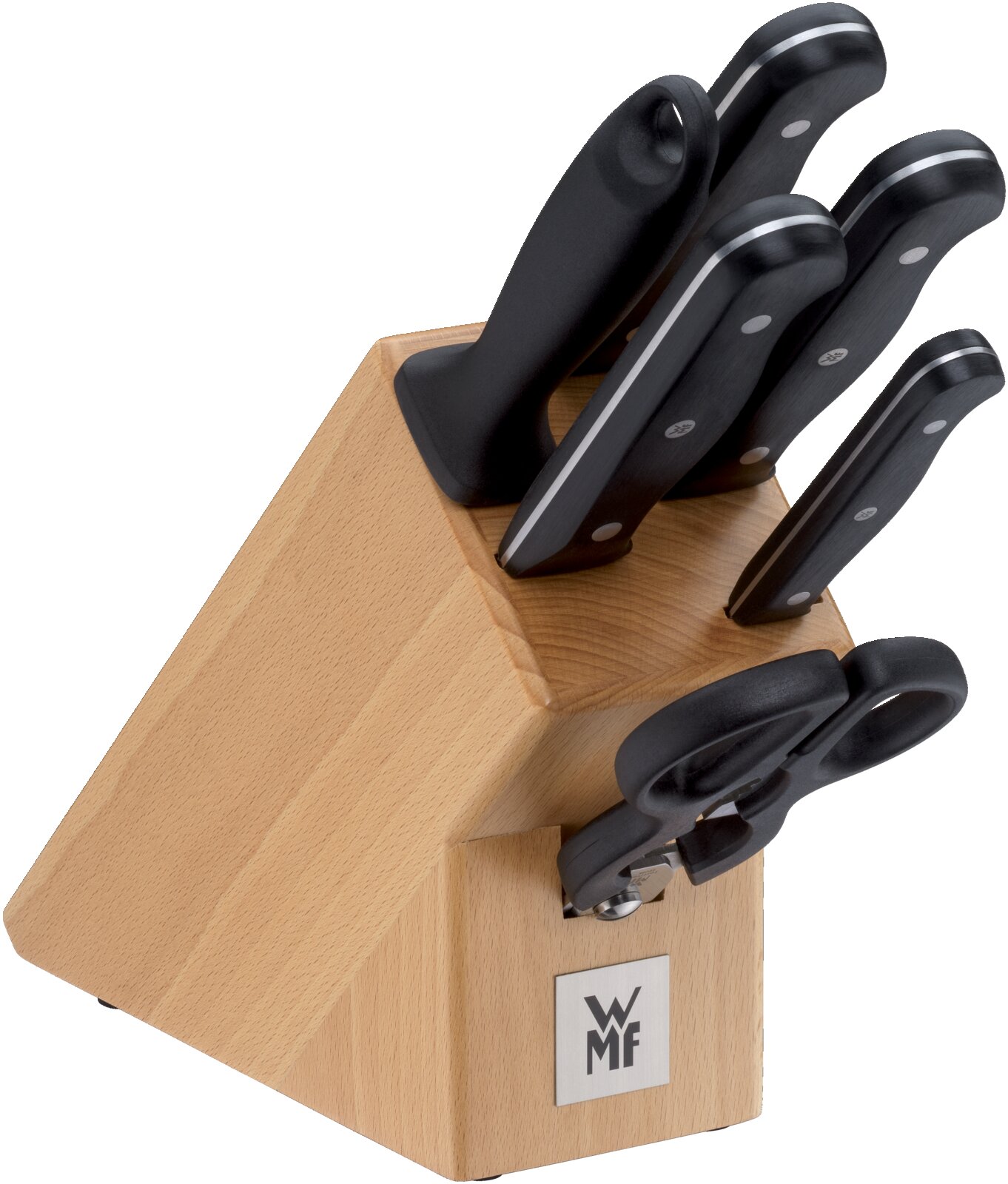 WMF Messerblock 7-tlg. MEISTERKLASSE WMF Messerblock aus hellem Holz mit mehreren Küchenmessern mit schwarzen Griffen und integrierter Küchenschere, schräg von vorne rechts fotografiert