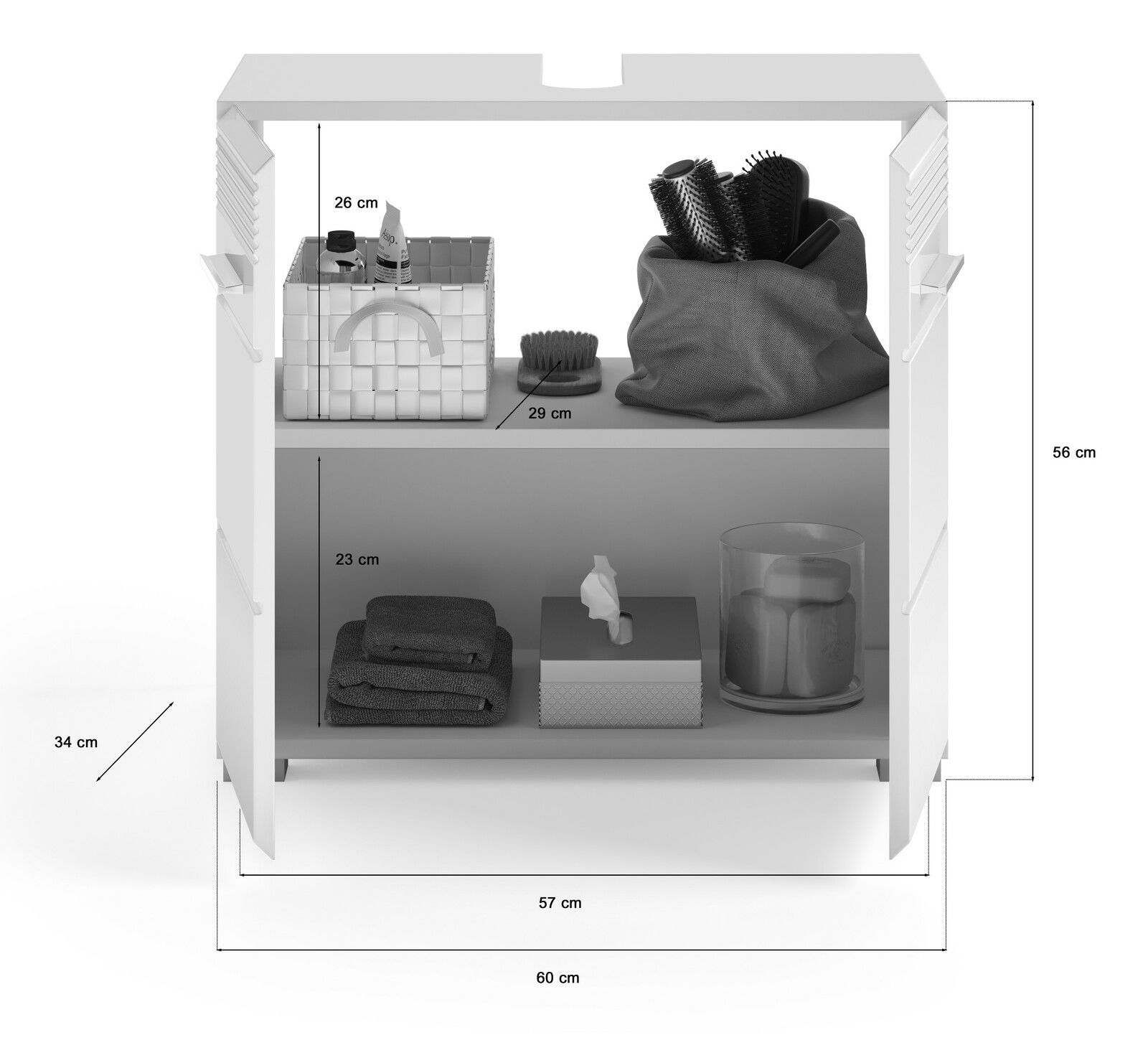 Waschbeckenunterschrank mit zwei offenen Türen, zeigt Innenansicht mit zwei Regalböden, gefüllt mit Badutensilien wie Handtüchern, Bürsten und Aufbewahrungsboxen. Frontalansicht.