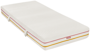 Matratze 100x200 cm in der Ausführung SOFT/MEDIUM, seitliche Perspektive mit sichtbaren Tragegriffen und farbigen Streifen.