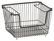 Stapelbarer schwarzer Drahtkorb aus Metall, seitliche Perspektive