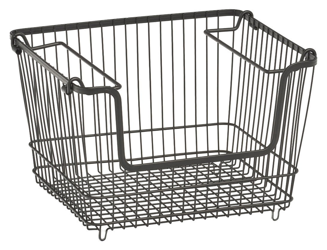 Stapelbarer schwarzer Drahtkorb aus Metall, seitliche Perspektive