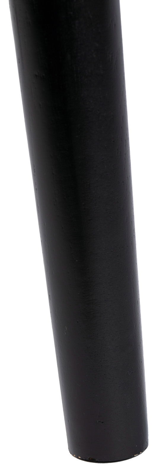 Nahaufnahme eines schwarzen Tischbeins aus Holz, perspektivisch von der Seite fotografiert.