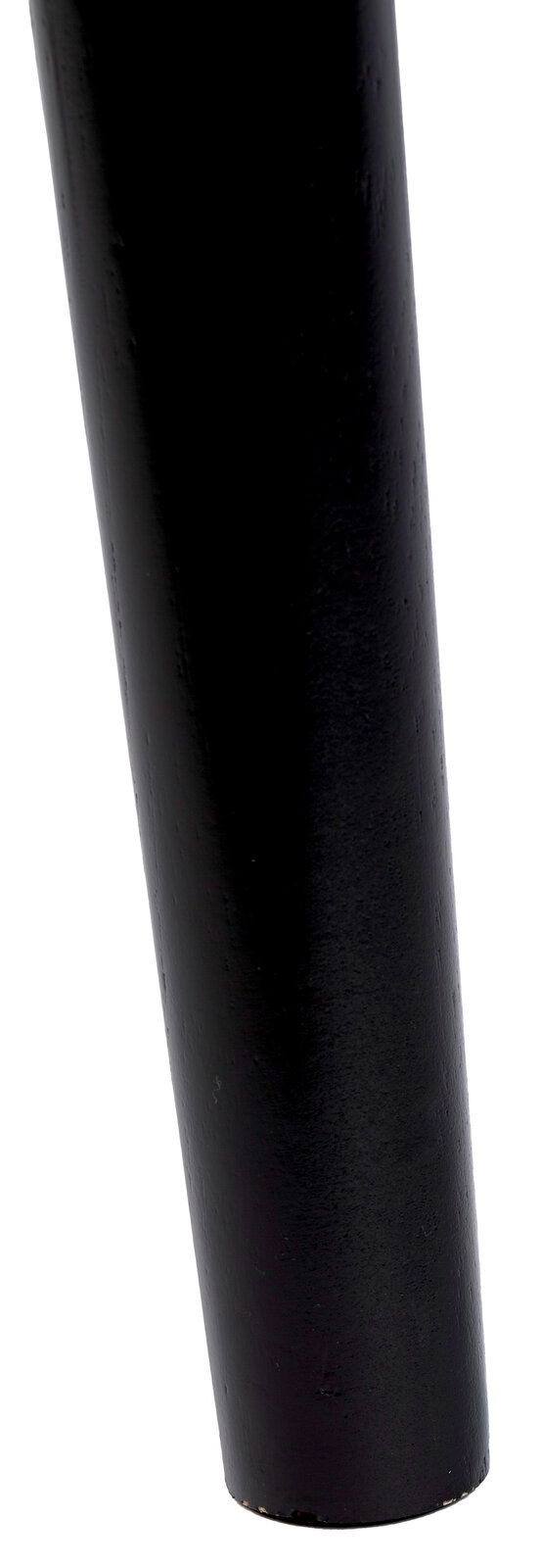 Nahaufnahme eines schwarzen Tischbeins aus Holz, perspektivisch von der Seite fotografiert.