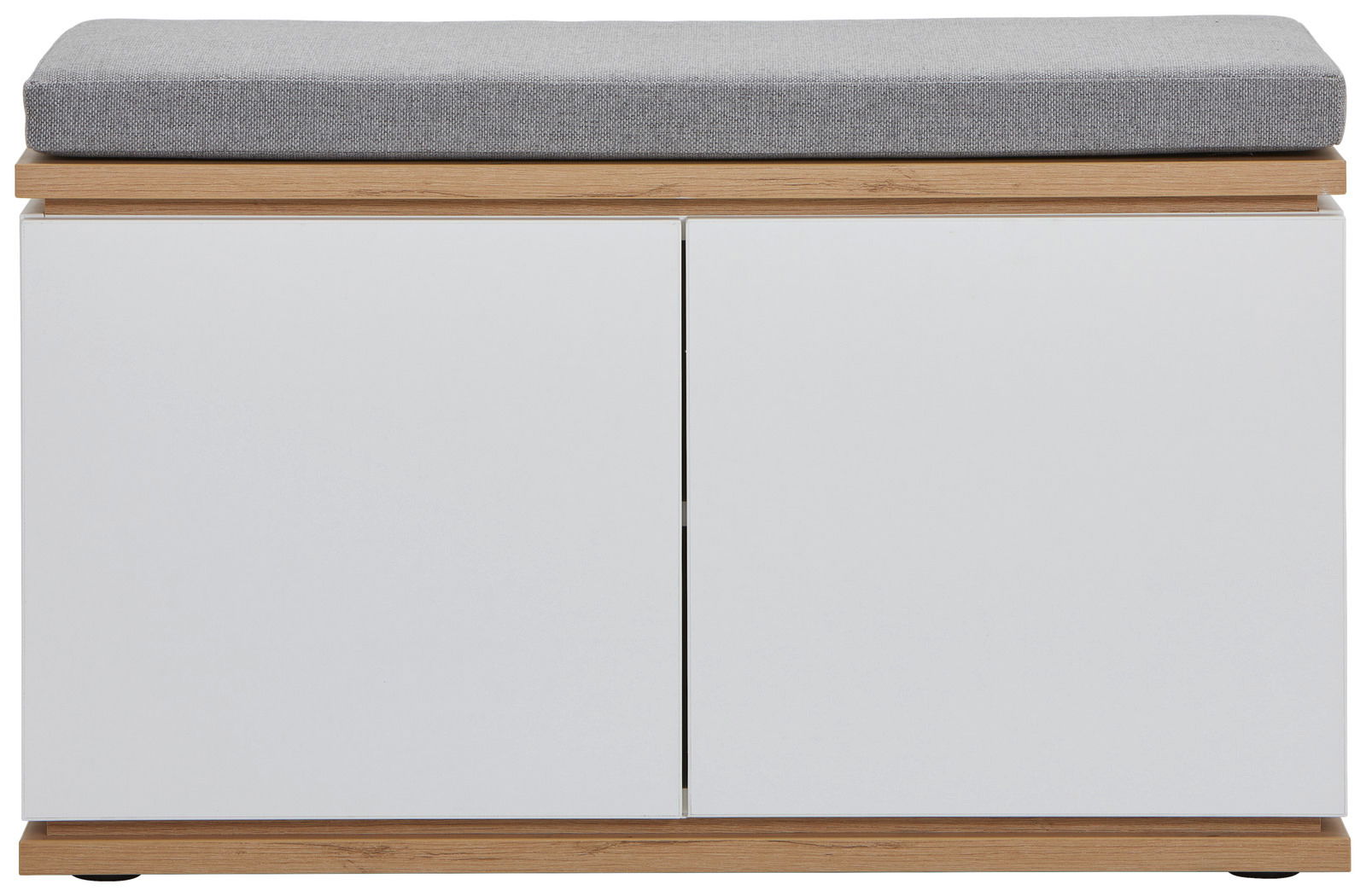 Garderobenbank mit weißem Korpus, Holzdetails und grauem Sitzpolster, Frontalansicht