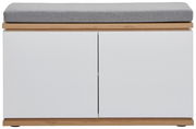 Garderobenbank mit weißem Korpus, Holzdetails und grauem Sitzpolster, Frontalansicht