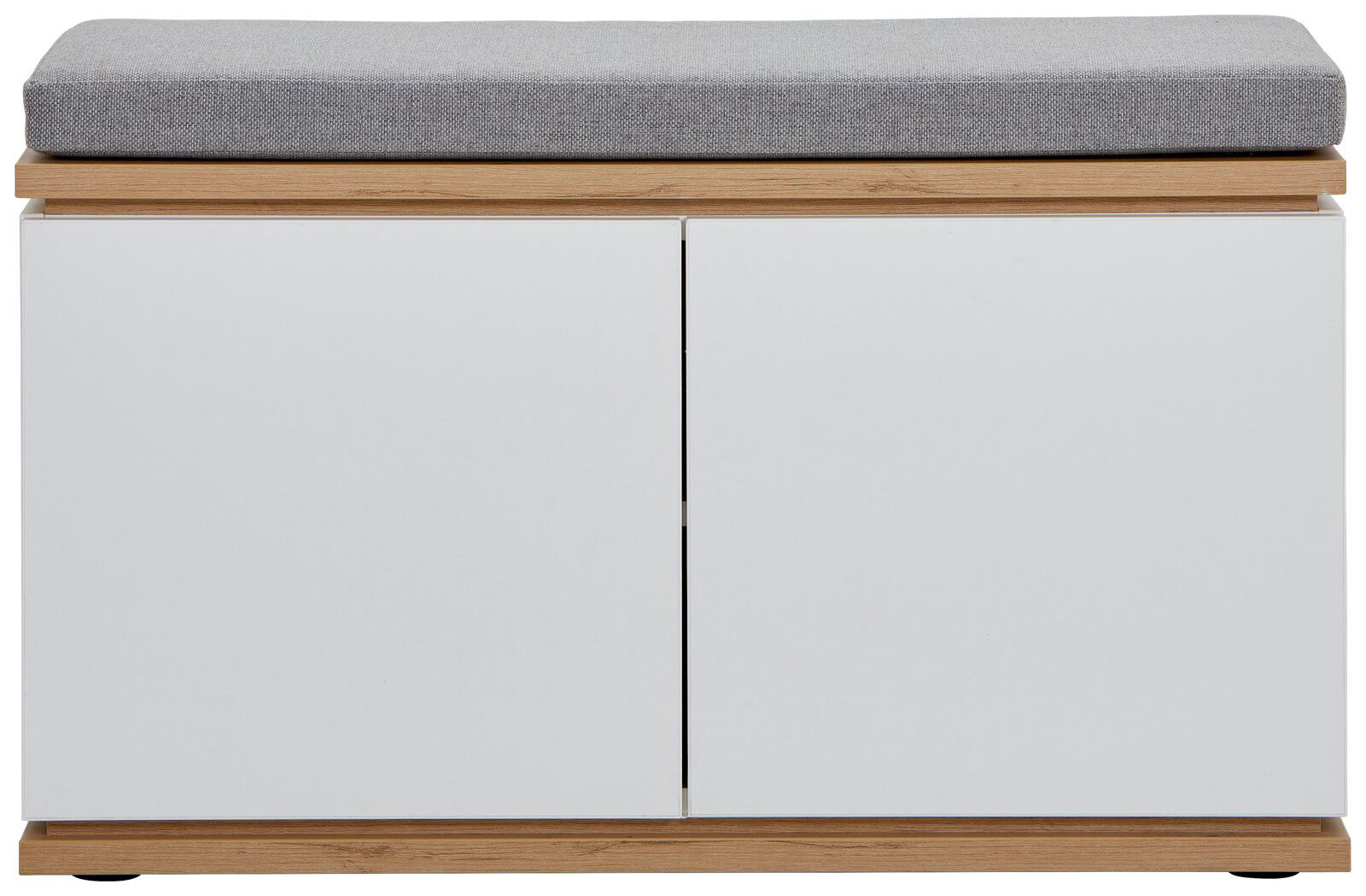 Garderobenbank mit weißem Korpus, Holzdetails und grauem Sitzpolster, Frontalansicht