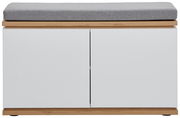 Garderobenbank mit weißem Korpus, Holzdetails und grauem Sitzpolster, Frontalansicht