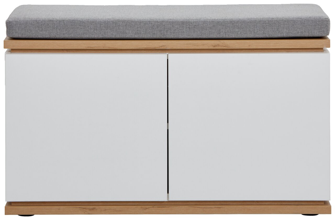 Garderobenbank mit weißem Korpus, Holzdetails und grauem Sitzpolster, Frontalansicht