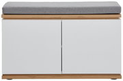 Garderobenbank mit weißem Korpus, Holzdetails und grauem Sitzpolster, Frontalansicht