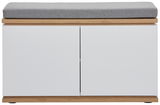 Garderobenbank mit weißem Korpus, Holzdetails und grauem Sitzpolster, Frontalansicht