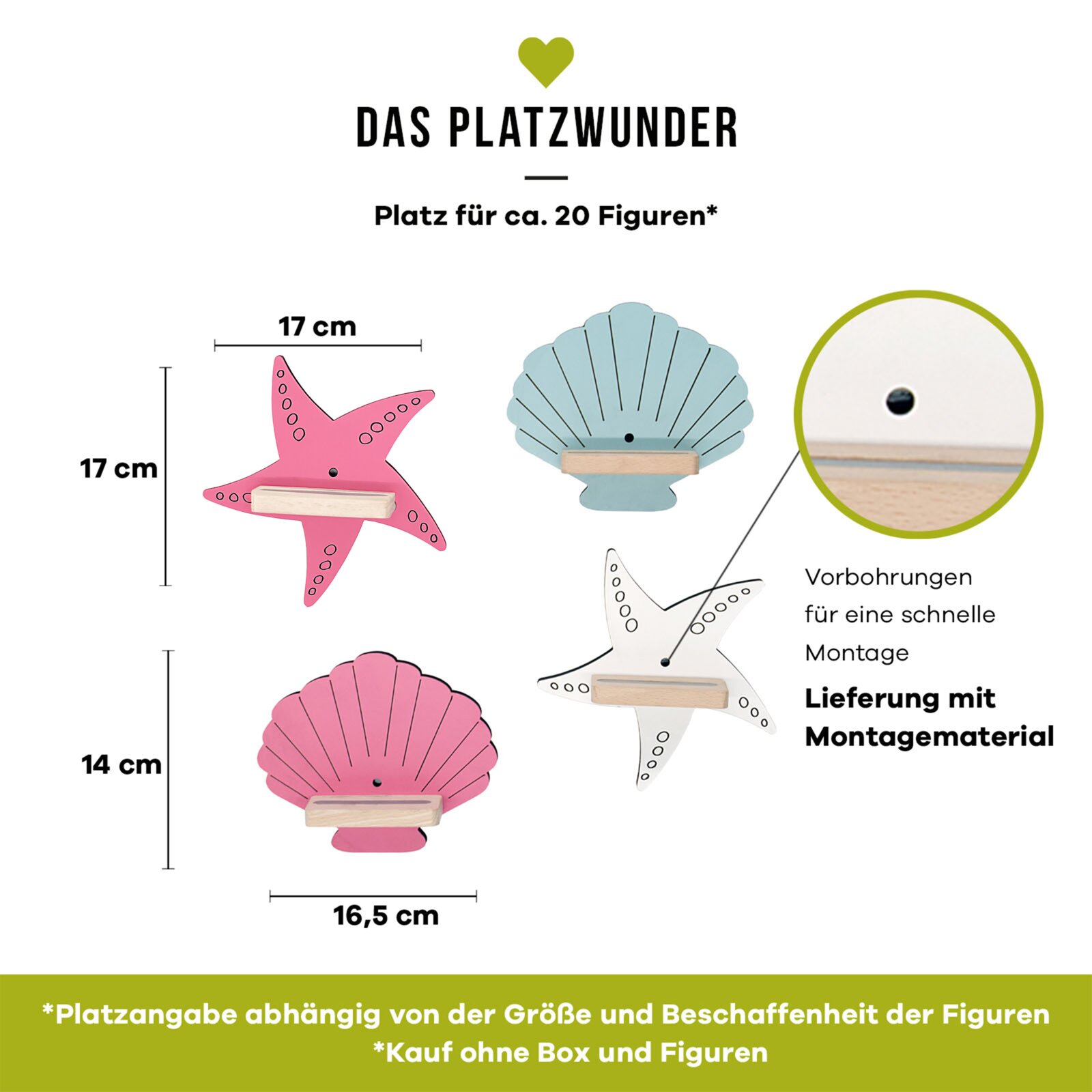 Infografik in Frontalansicht: Wandregal „Das Platzwunder“ für ca. 20 Figuren, mit Seestern- und Muschel-Design (rosa, blau, weiß), Maßen 17×17 cm bzw. 16,5×14 cm, Vorbohrungen für schnelle Montage und Lieferung mit Montagematerial.