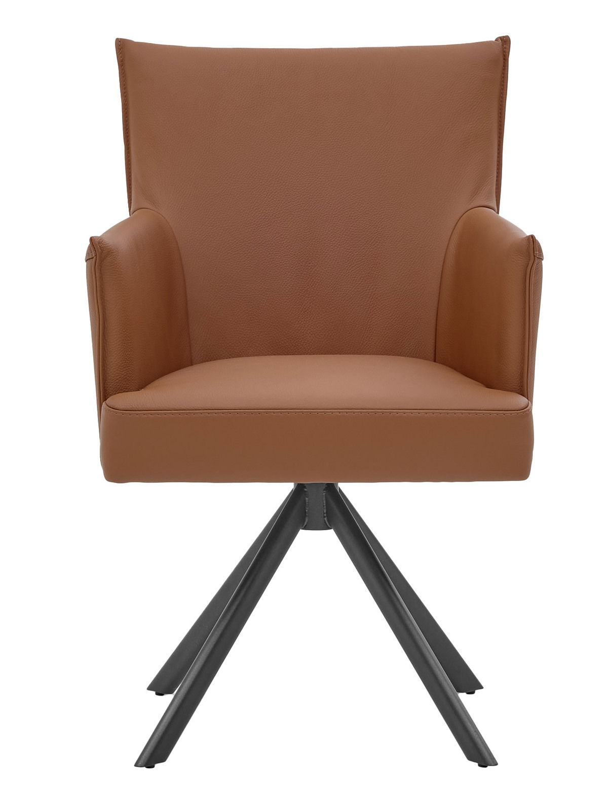 Brauner Armlehnstuhl mit schwarzem Metallgestell, Frontalansicht