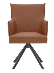 Brauner Armlehnstuhl mit schwarzem Metallgestell, Frontalansicht