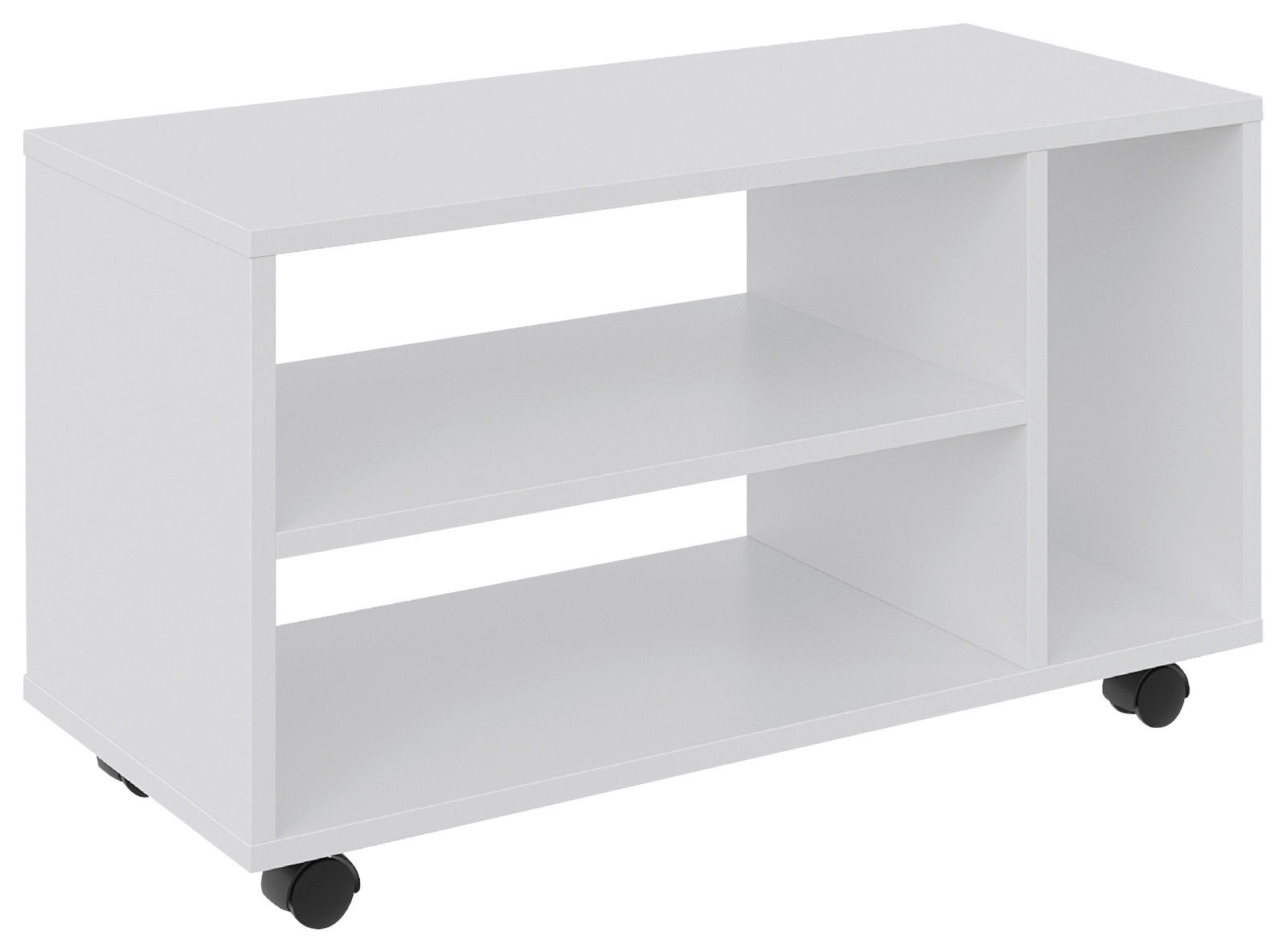 Weißer TV-Rollwagen mit zwei offenen Regalfächern und Rollen, seitliche Perspektive