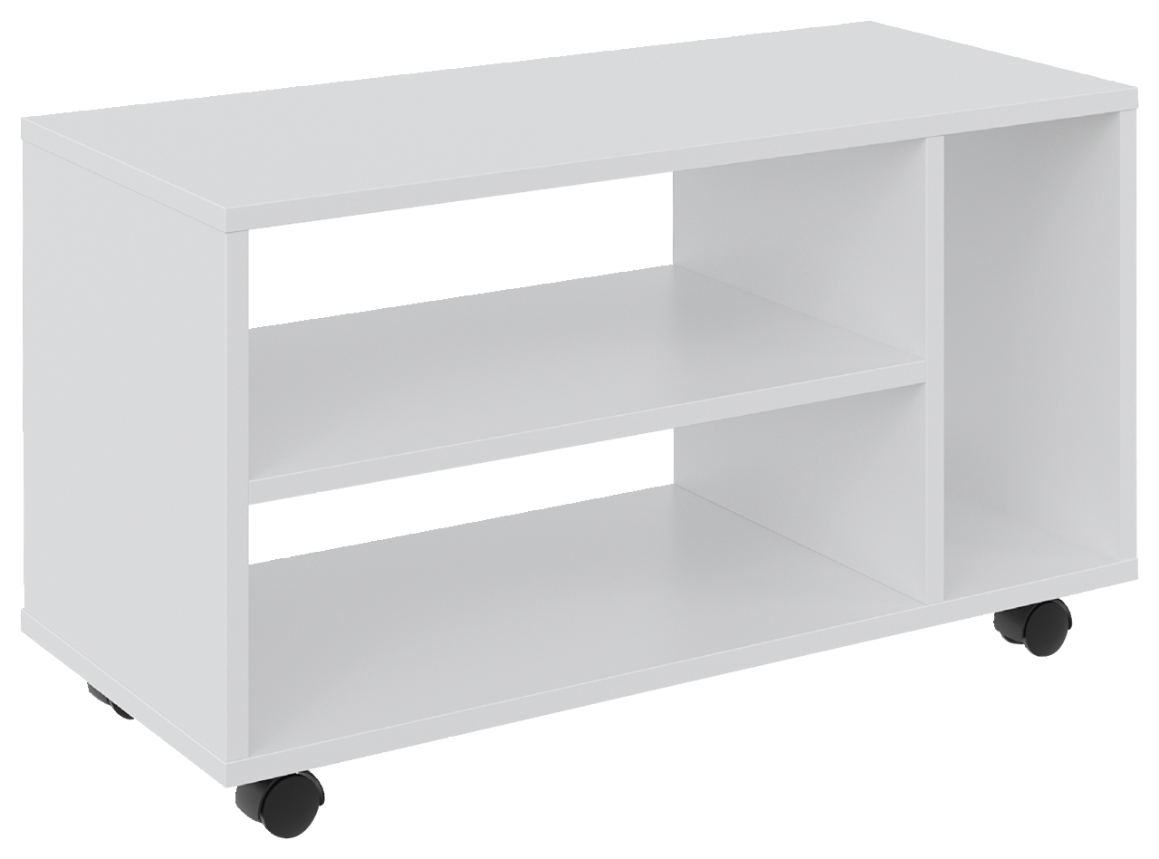 Weißer TV-Rollwagen mit zwei offenen Regalfächern und Rollen, seitliche Perspektive