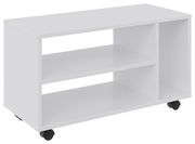 Weißer TV-Rollwagen mit zwei offenen Regalfächern und Rollen, seitliche Perspektive
