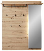 Frontale Ansicht eines XL-Garderobenpaneels aus Holz mit mehreren Haken und einem integrierten Spiegel auf der rechten Seite.