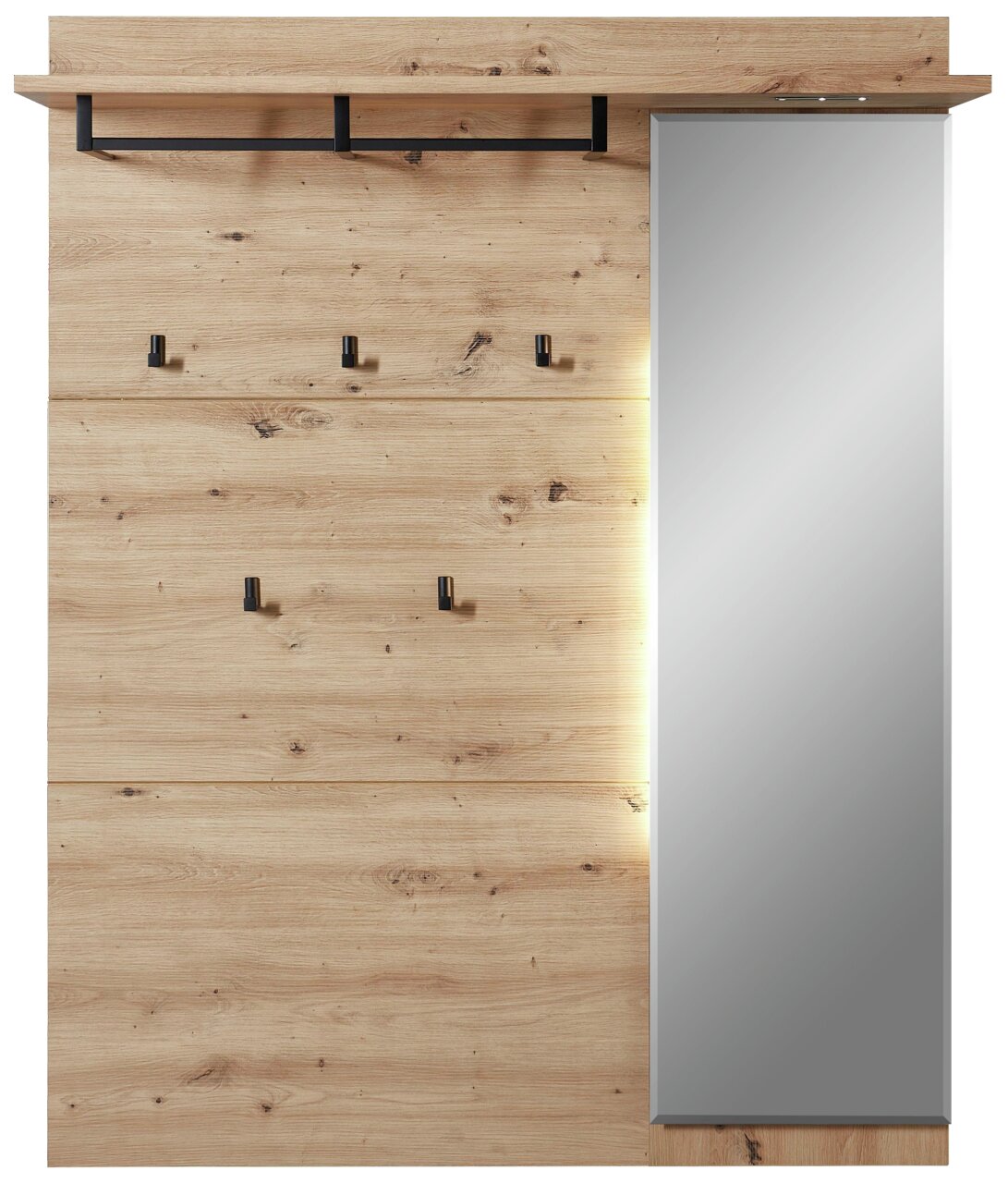 Frontale Ansicht eines XL-Garderobenpaneels aus Holz mit mehreren Haken und einem integrierten Spiegel auf der rechten Seite.