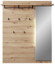 Frontale Ansicht eines XL-Garderobenpaneels aus Holz mit mehreren Haken und einem integrierten Spiegel auf der rechten Seite.
